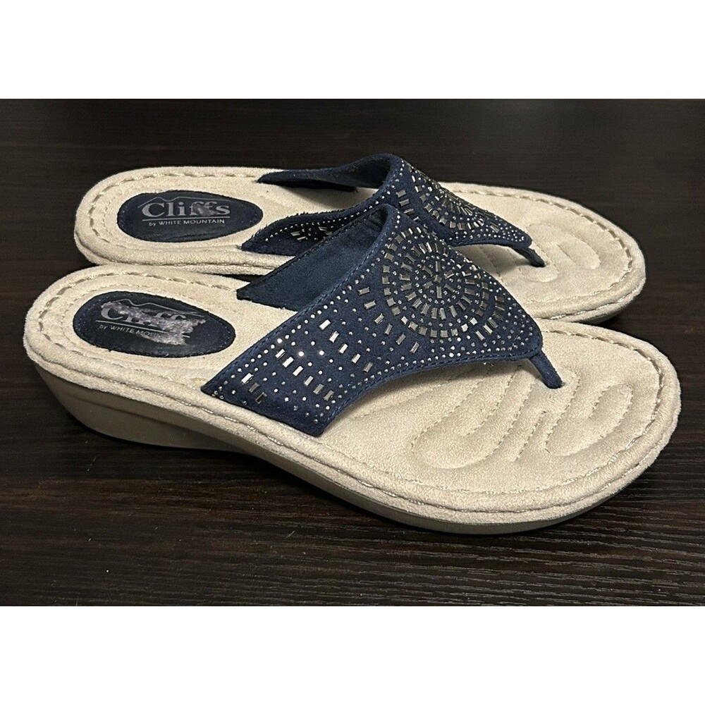 Cliffs by White Mountain Cienna Womens 7.5M Navy Thong Sandals Rhinestone Wedge